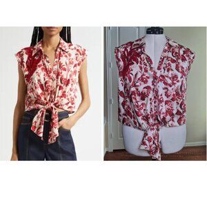 Cinq à Sept Mari Floral Ribbon Blouse Top Medium Red Beaded Preppy Western Rodeo